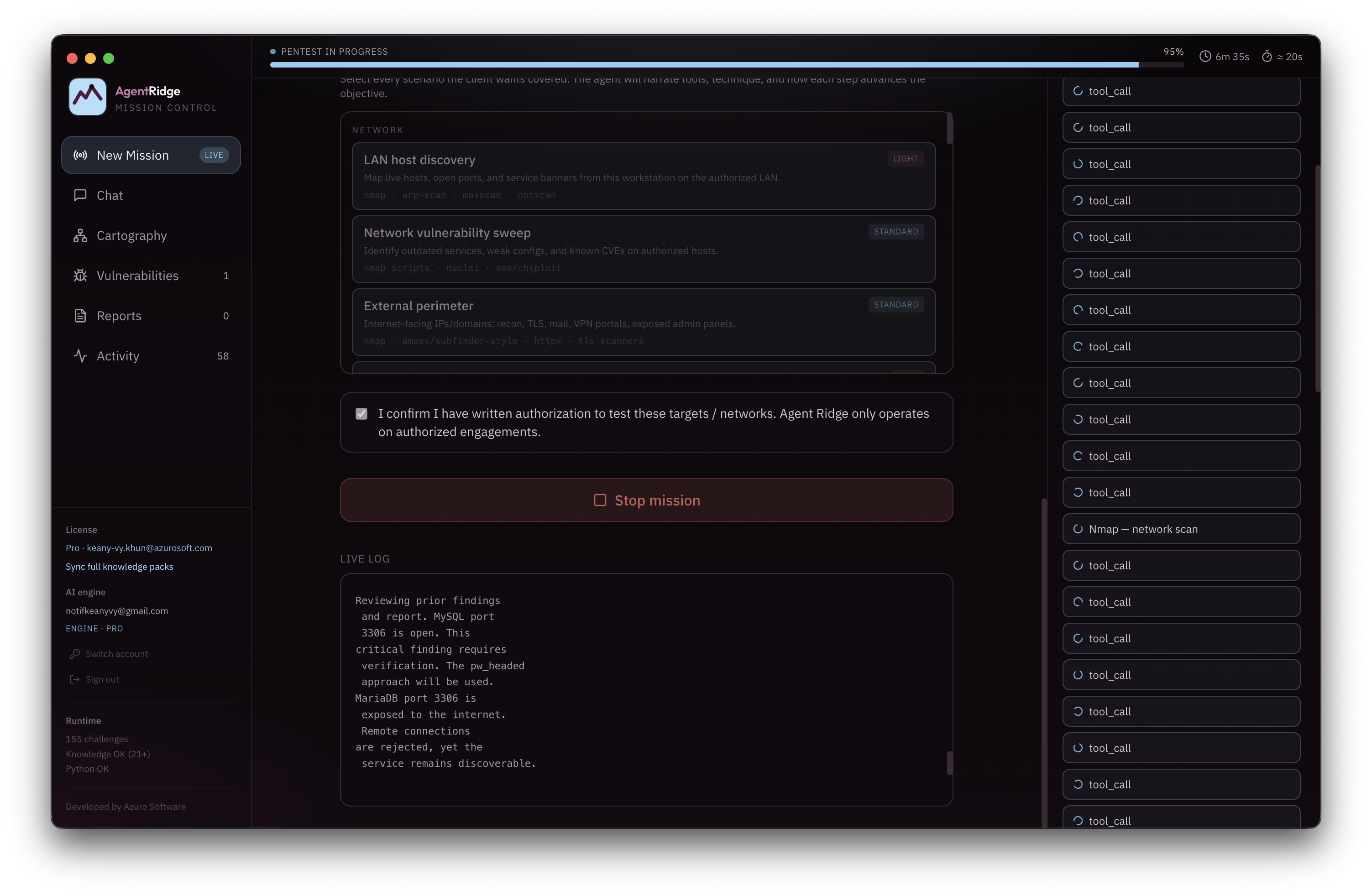 Mission AgentRidge en cours : progression, Ridge Sub-Agents et findings en temps réel