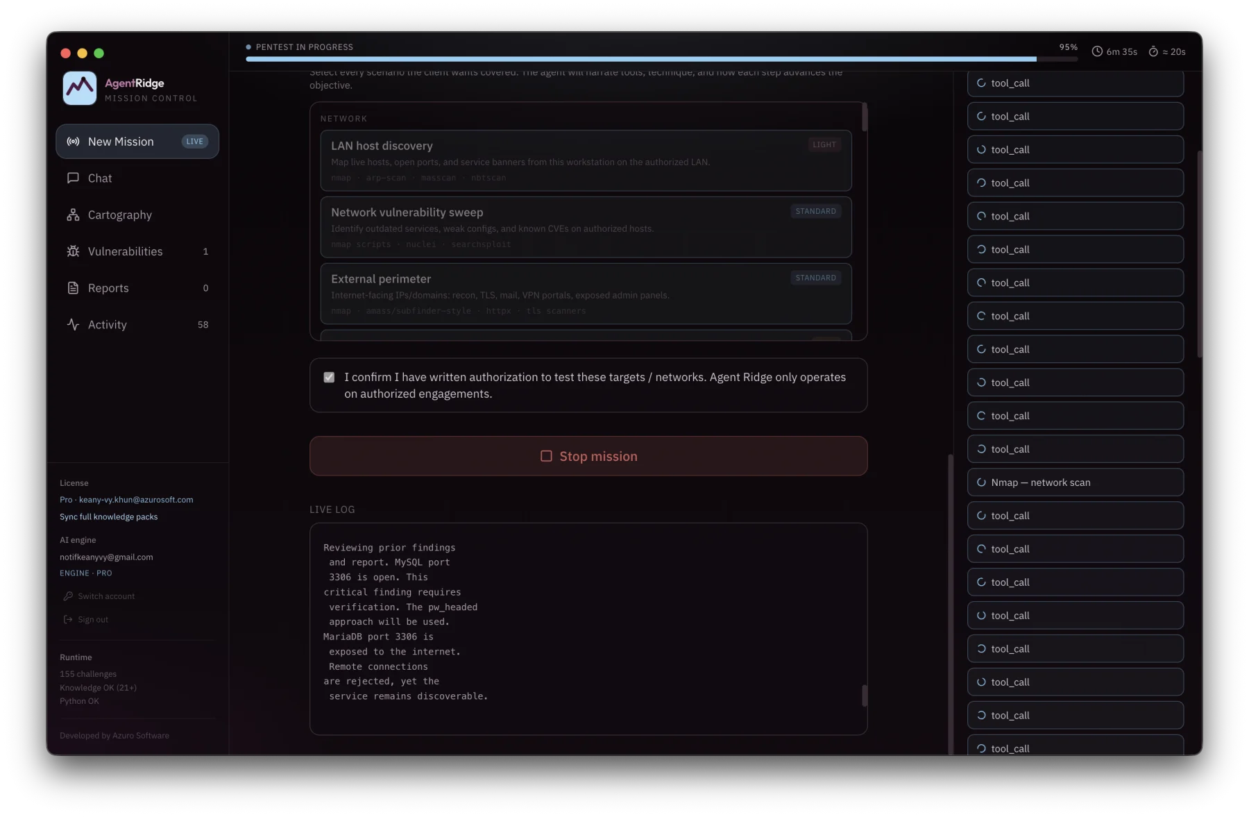AgentRidge interface: AI agents & tools