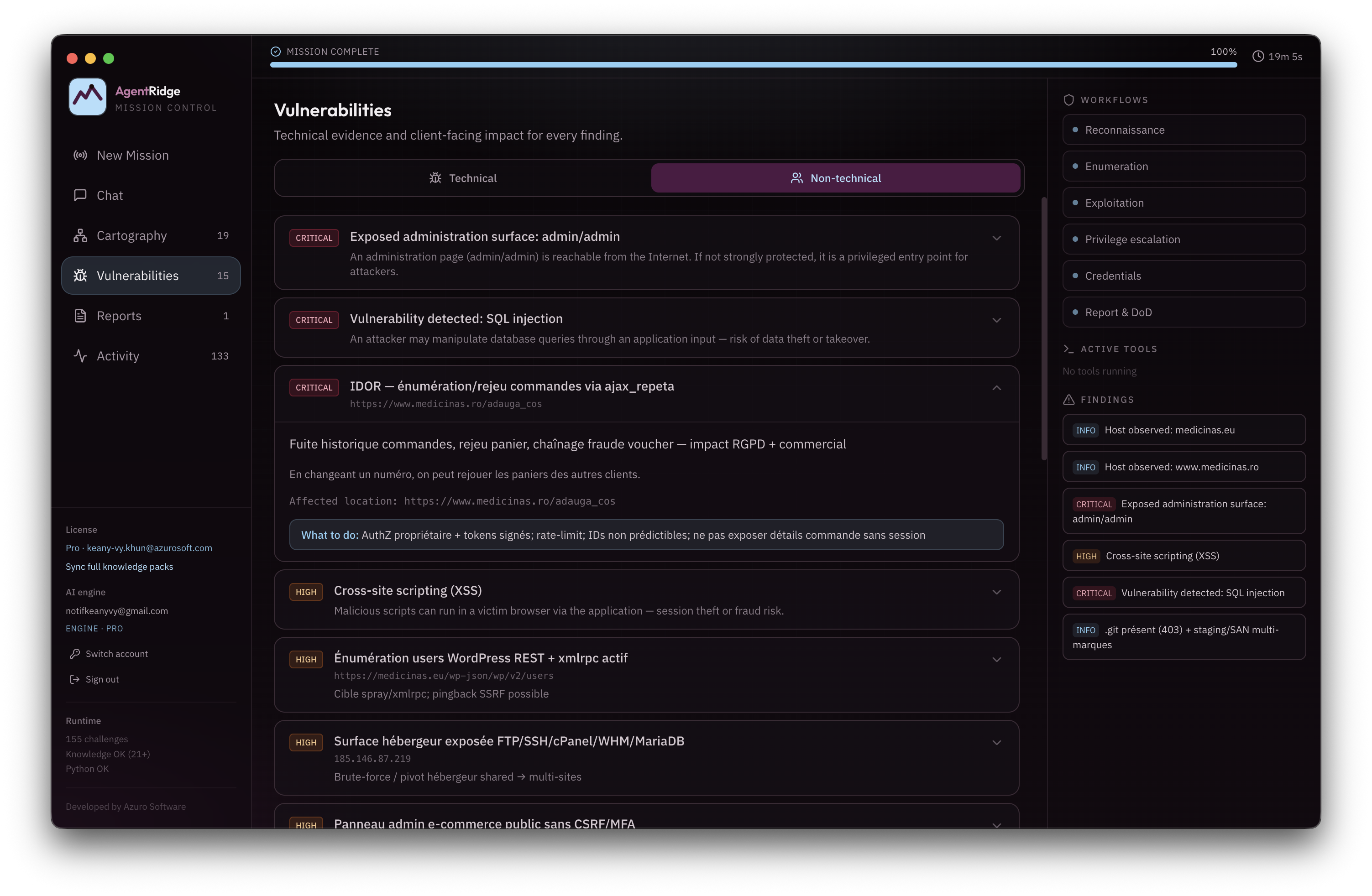 Écran Vulnerabilities d’AgentRidge : findings, preuves techniques et impact métier