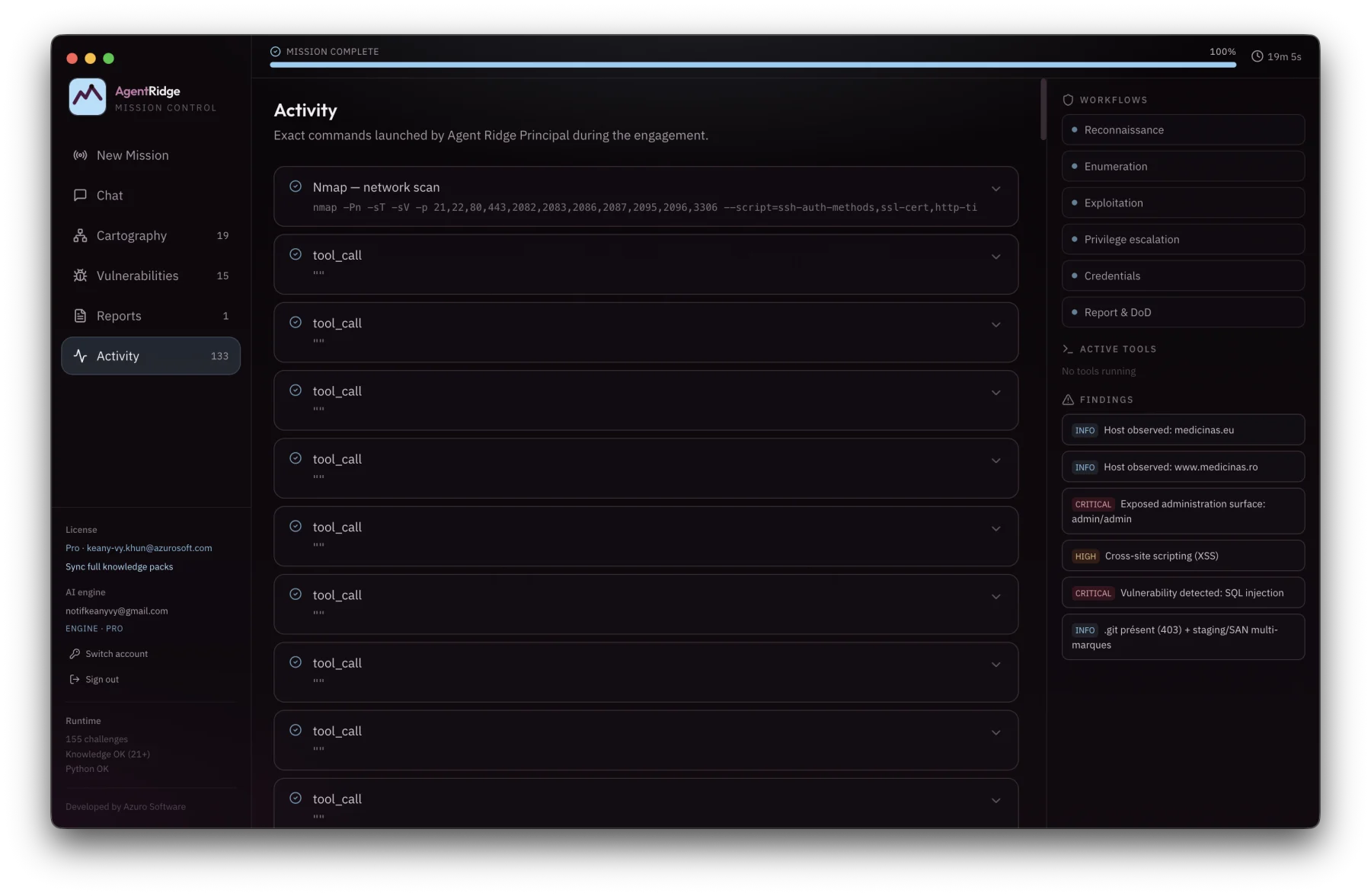 AgentRidge Activity log: the exact commands executed by Agent Ridge Principal