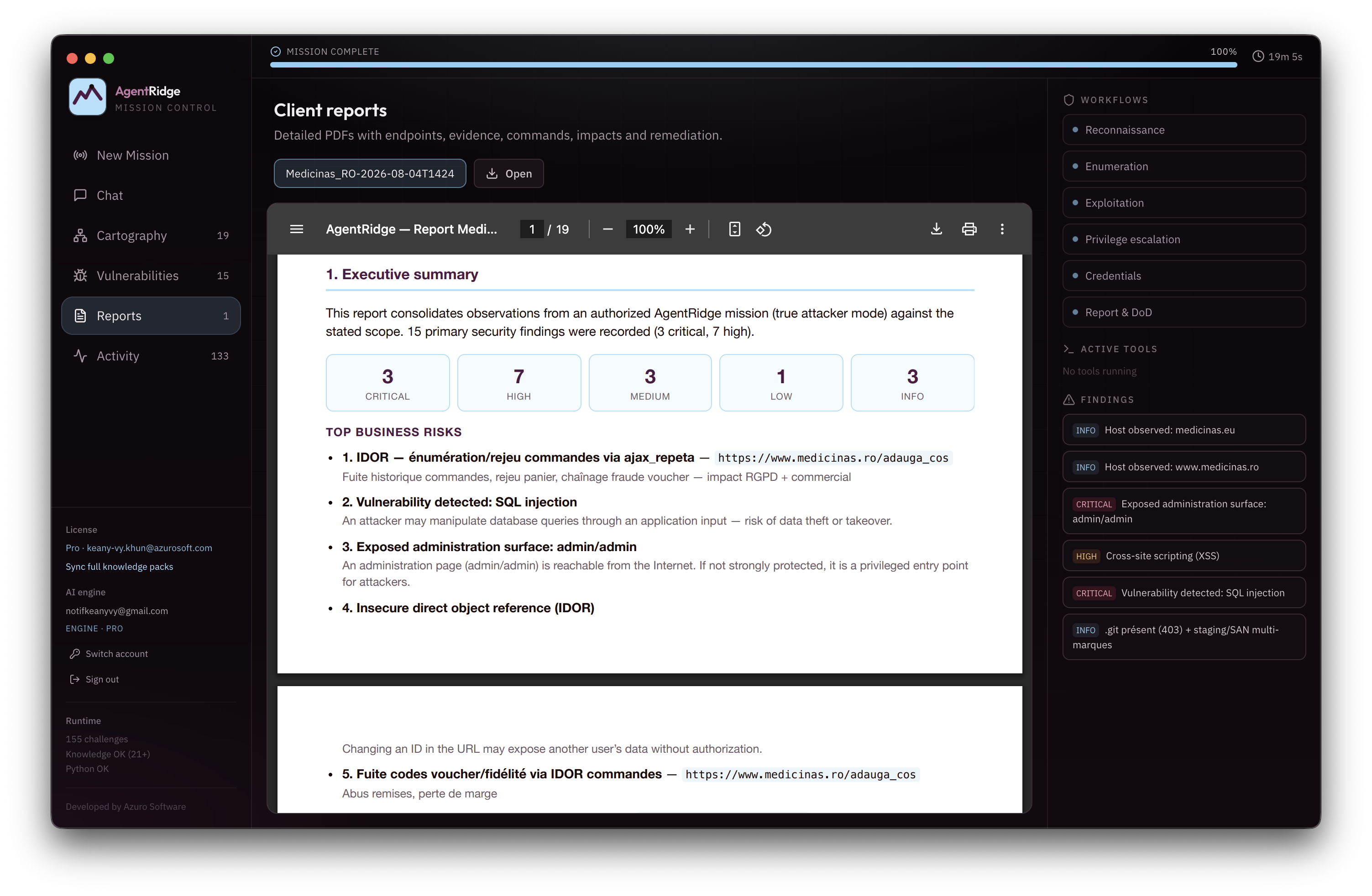 Rapport PDF de pentest généré par AgentRidge, prêt à remettre au client